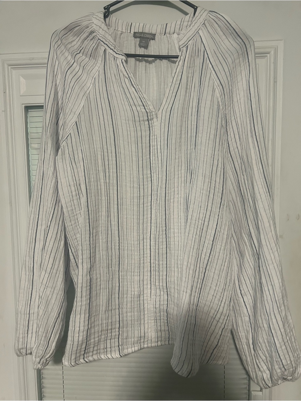Falls Creek White Blouse with Navy Pinstripes
